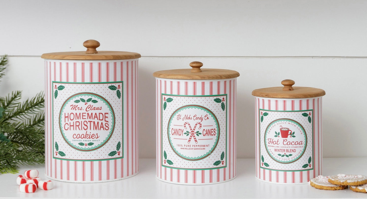 Mrs Claus’ Canisters - Cookies, Candy Canes, Cocoa (Set of 3)